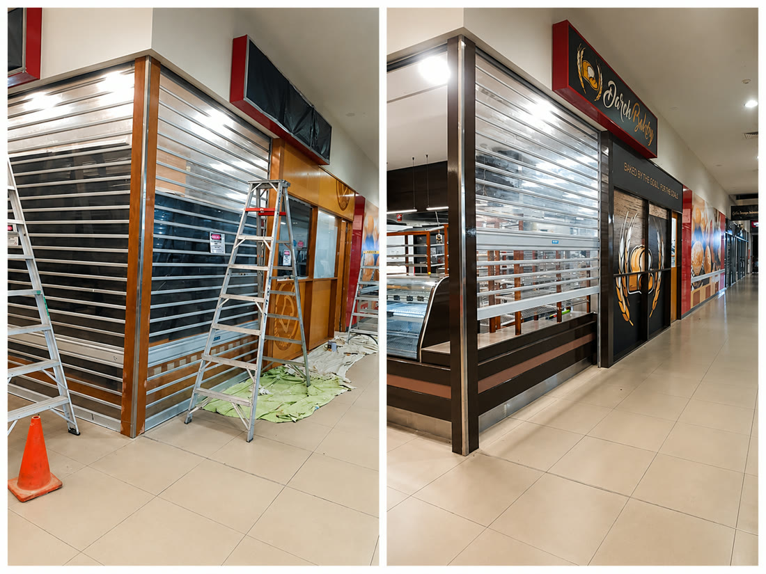 A freshly repainted shopfront in a commercial centre
