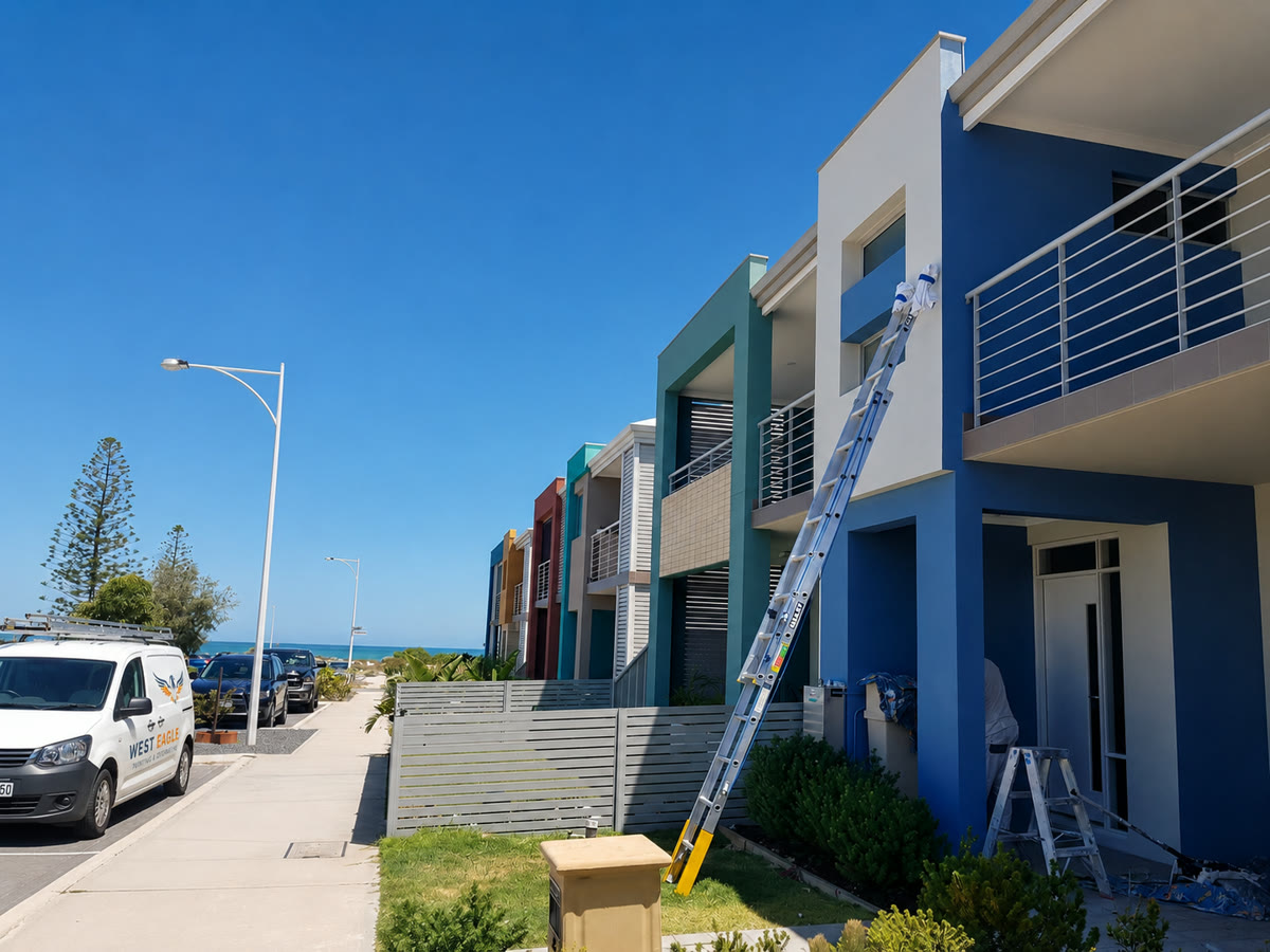 West Eagle painting a row of colourful beachside homes in Perth, branded van parked out front